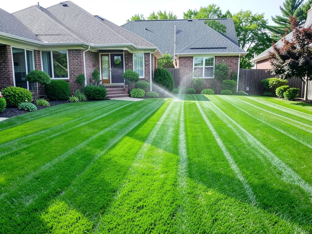Lush uniform green lawn after sprinkler installation